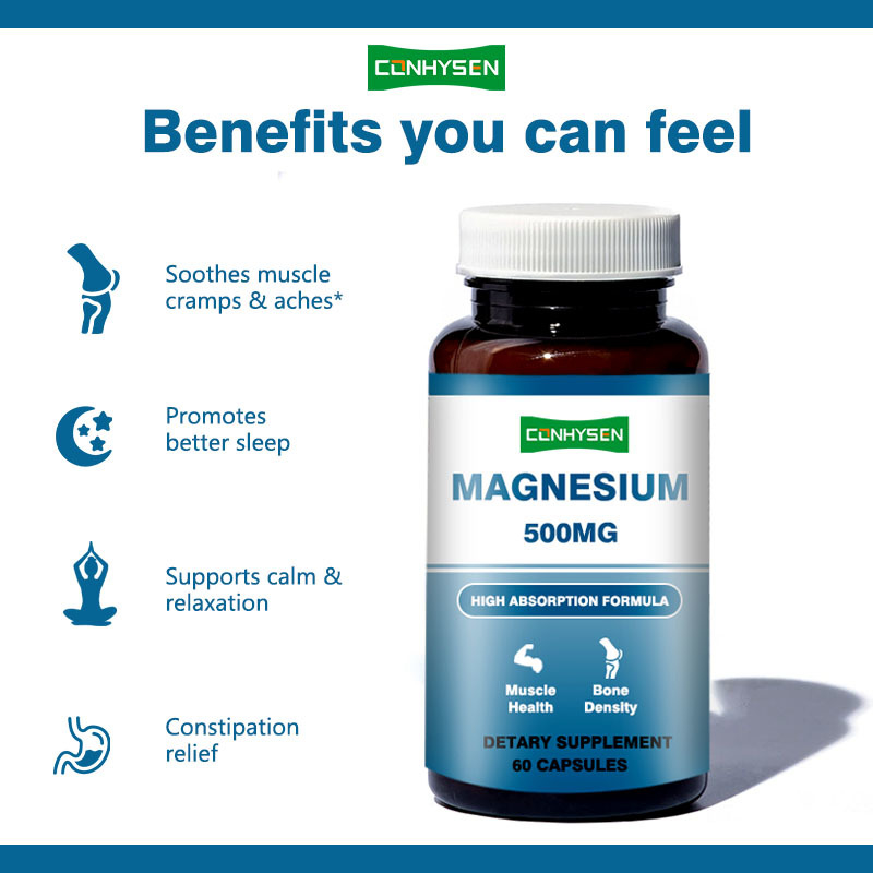맞춤형 브랜드 마그네슘 캡슐 500mg, 기억력 및 뇌 기능 지원, Non-GMO