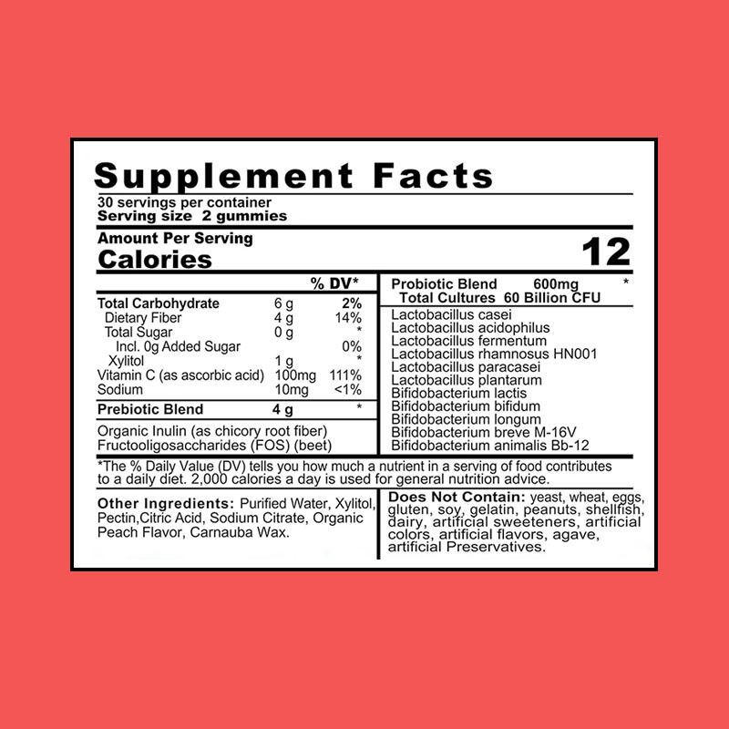 OEM/ODM 4g 프리바이오틱스 프로바이오틱스 젤리 600억 CFU 면역력 증진 장 건강 개선 항산화 성분 함유 성인용