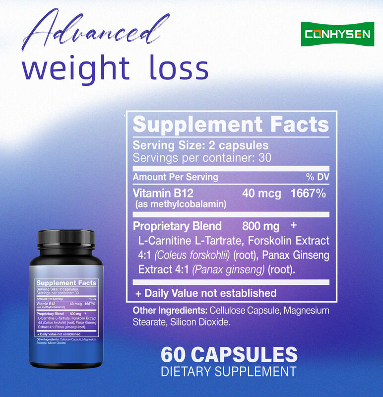 남성 여성용 최고 품질 지방 연소 보충제 (인삼, L-카르니틴 추출물 함유) 60 베지터리언 지방 식이섬유